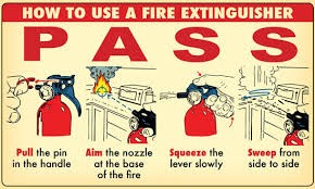 How to use a Fire Extinguisher - PASS - Pull the pin in the handle - Aim the nozzle at the base of the fire - Squeeze the lever slowly - Swing from side to side